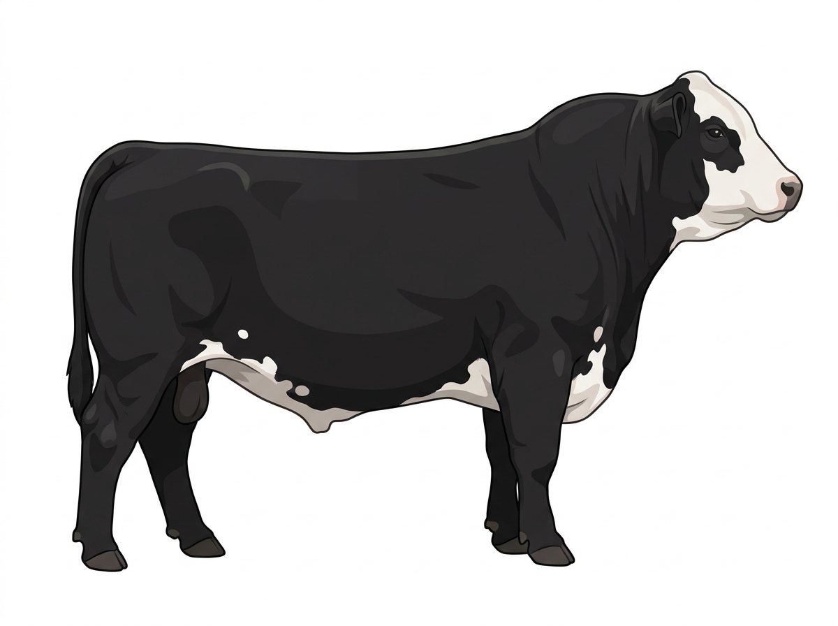 Black with a full white face, white brisket and underline and a few white spots 11/16 Simmental Cross Bull