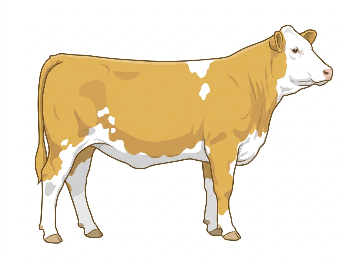 Gold with a full white face, white brisket and underline and white spots 11/16 Simmental Cross Heifer