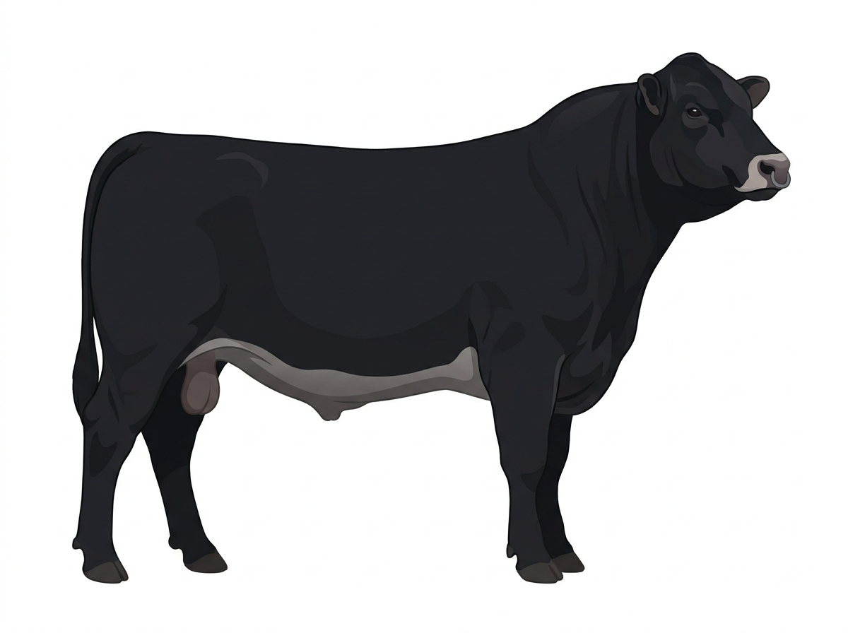 Black with a pale muzzle ring and lighter underline 1/2 Angus 1/2 Braunvieh Bull