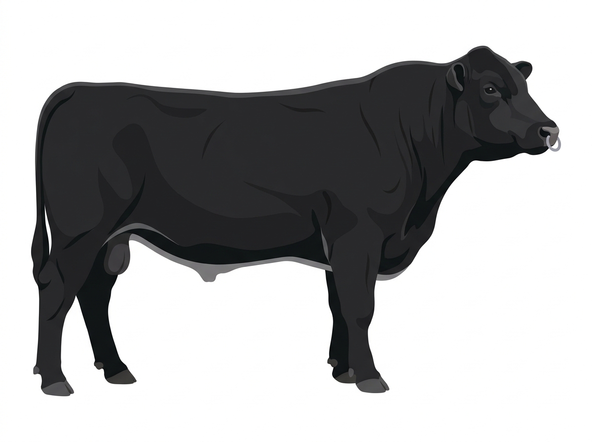 Black with a pale muzzle ring and lighter underline 1/2 Angus 1/2 Highlander Bull