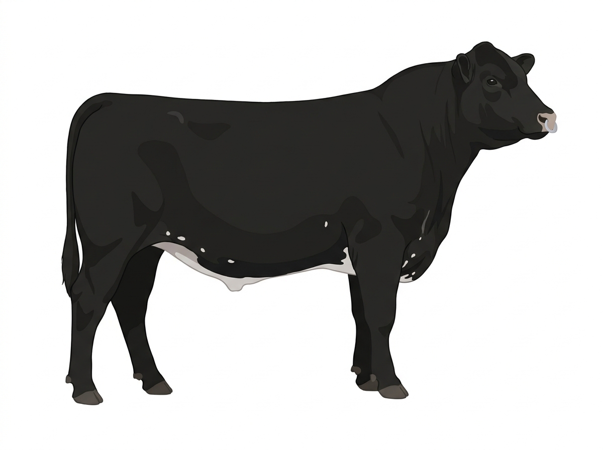 Black with a pale muzzle ring and lighter underline and a few white spots 1/2 Angus Cross Bull