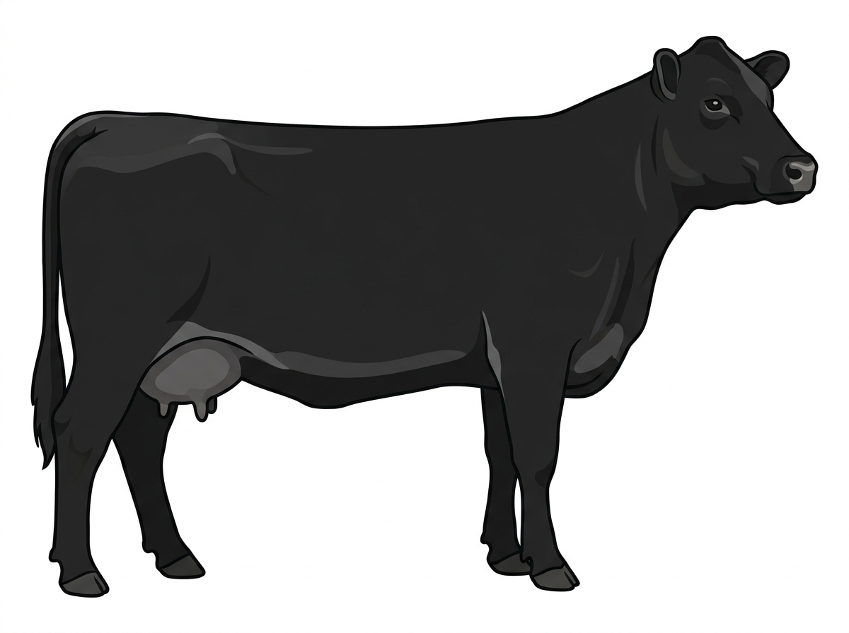 Black with a pale muzzle ring and lighter underline 1/2 Angus Cross Cow