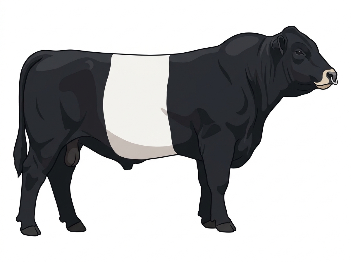 Black with a pale muzzle ring and lighter underline and a white belt around the midsection 1/2 Belted Galloway 1/2 Braunvieh Bull