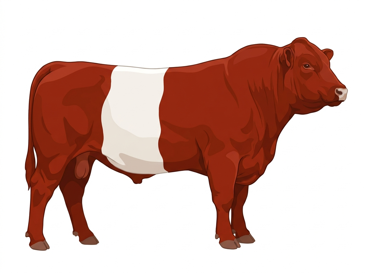 Red with a pale muzzle ring and lighter underline and a white belt around the midsection 1/2 Belted Galloway 1/2 Gelbvieh Bull