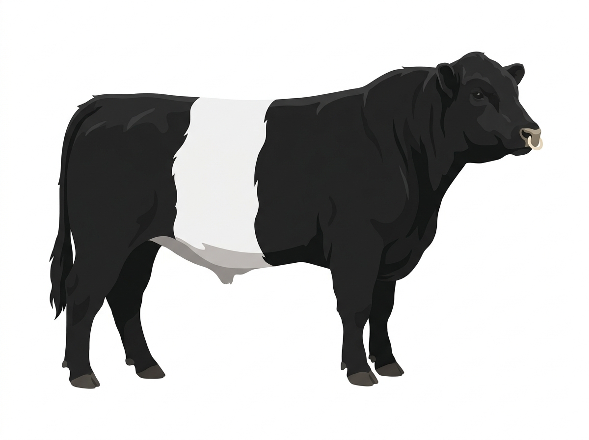 Black with a pale muzzle ring and lighter underline and a white belt around the midsection 1/2 Belted Galloway 1/2 Highlander Bull