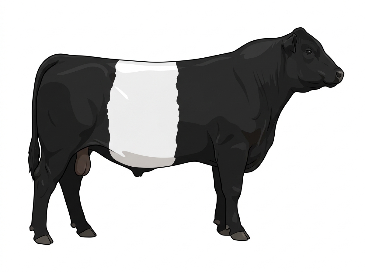 Black with a white belt around the midsection 1/2 Belted Galloway 1/2 Red Angus Bull