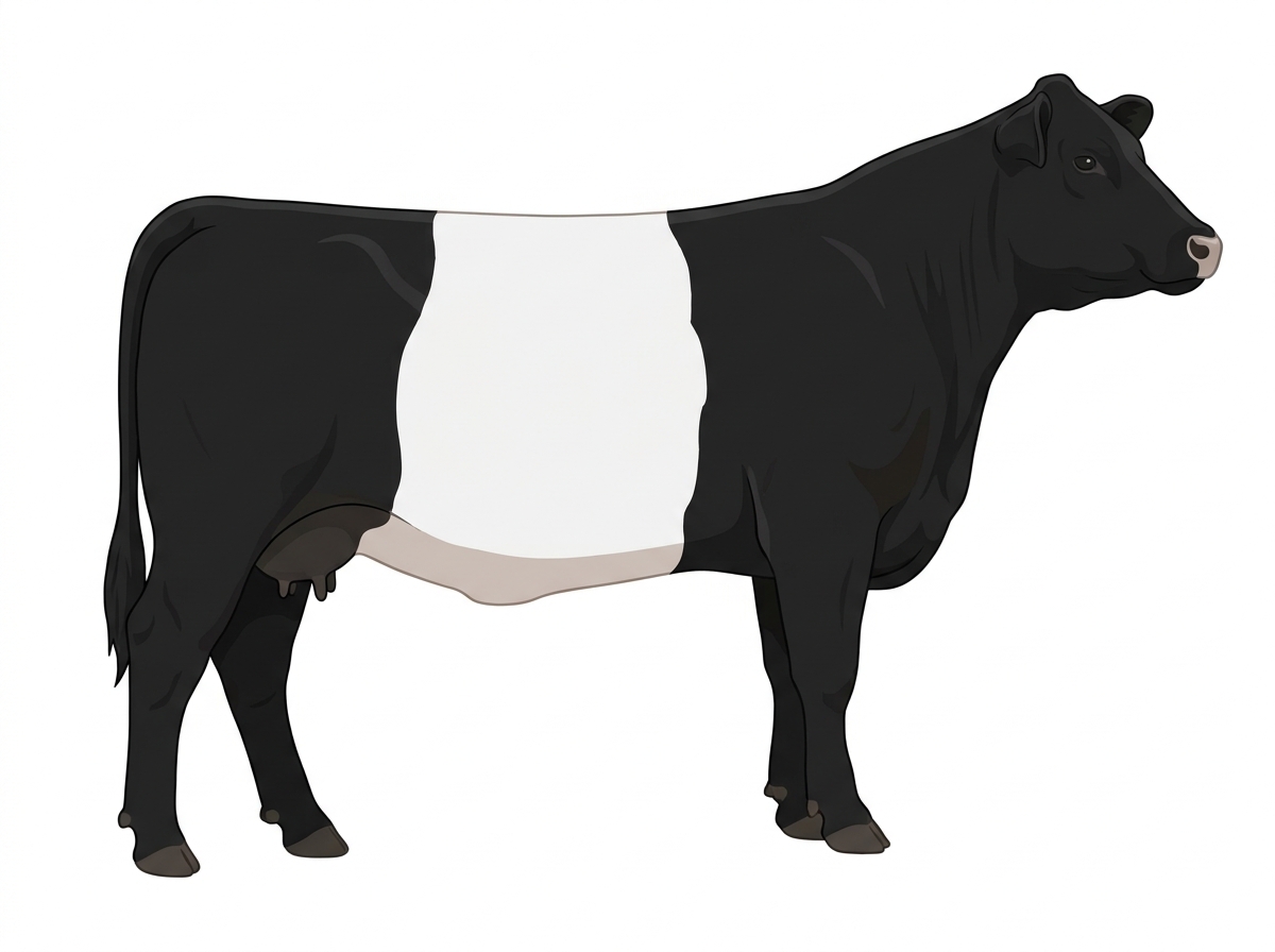 Black with a pale muzzle ring and lighter underline and a white belt around the midsection 1/2 Belted Galloway Cross Cow