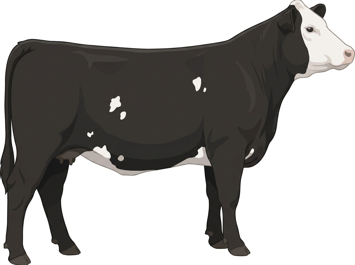 Black with a white face and a few white spots 1/2 Belted Galloway Cross Cow