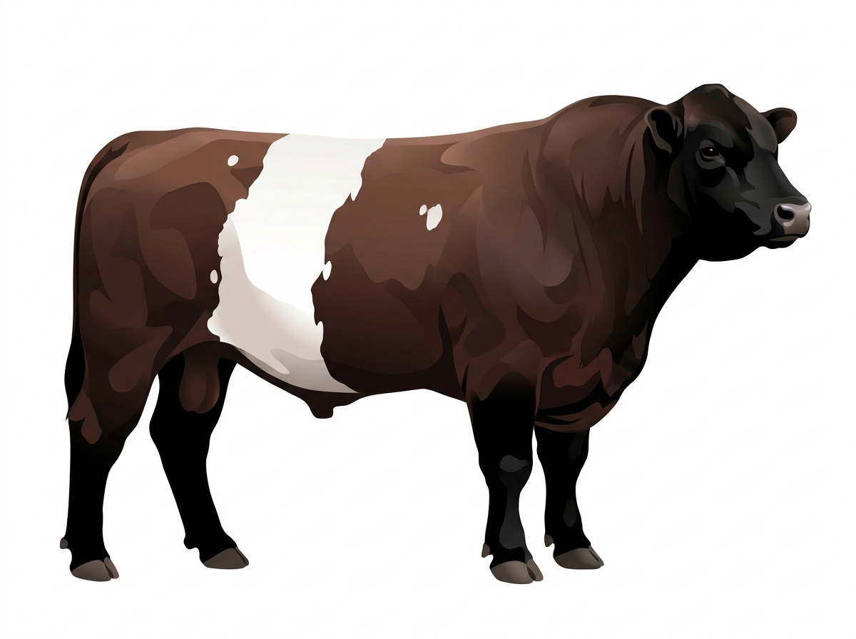 Brown with black points, a white belt around the midsection and a few white spots 1/2 Belted Galloway Cross Bull