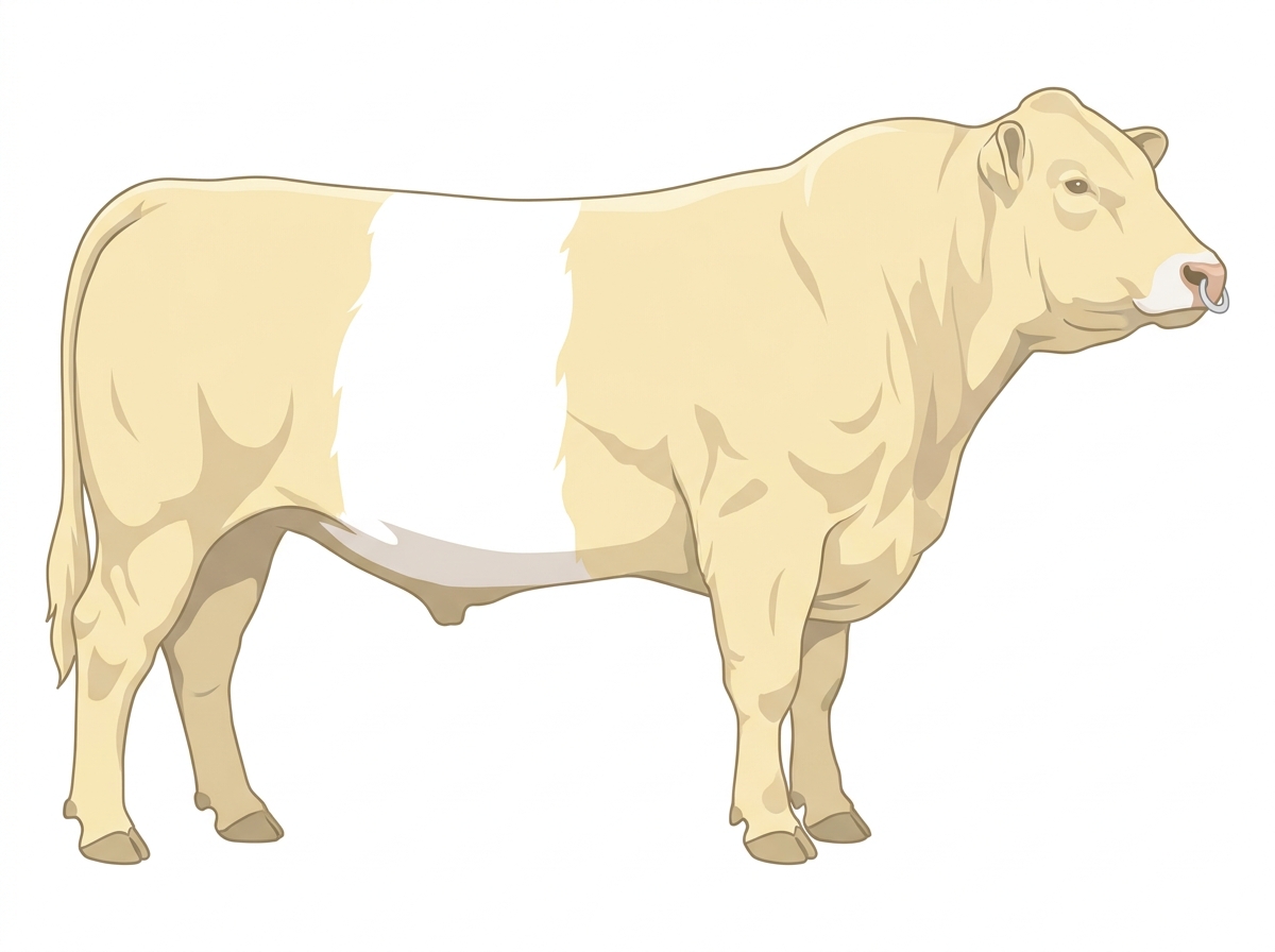 Cream with a pale muzzle ring and lighter underline and a white belt around the midsection 1/2 Belted Galloway Cross Bull