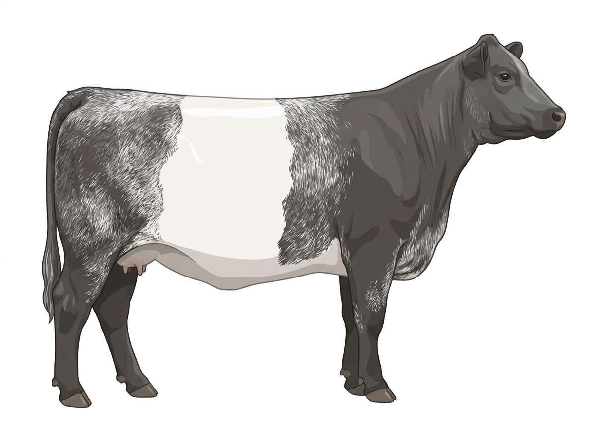 Light blue roan with a white belt around the midsection 1/2 Belted Galloway Cross Cow