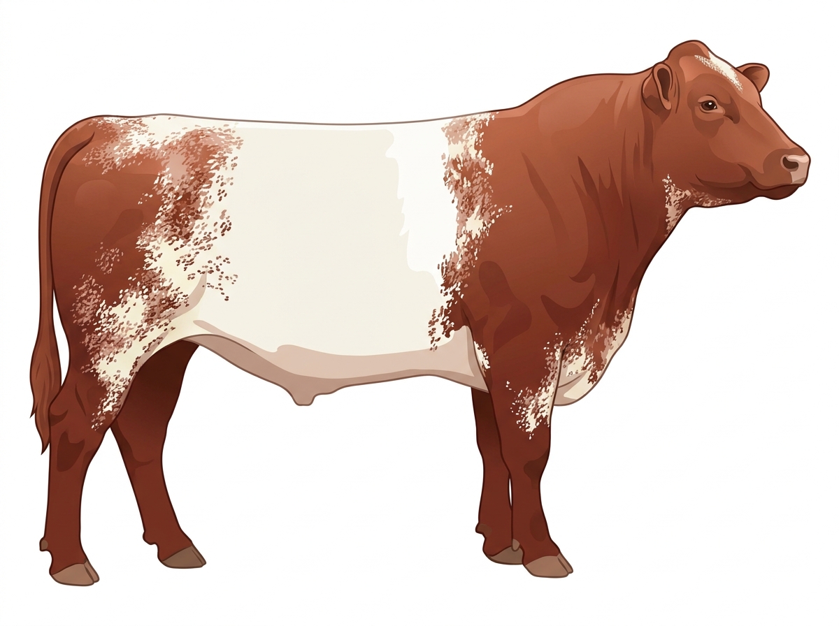 Light red roan with a white belt around the midsection 1/2 Belted Galloway Cross Bull
