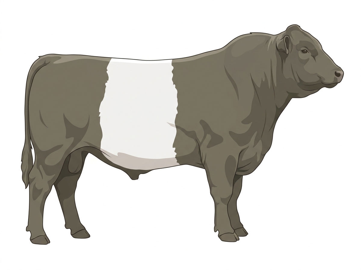 Smoky with a white belt around the midsection 1/2 Belted Galloway Cross Bull