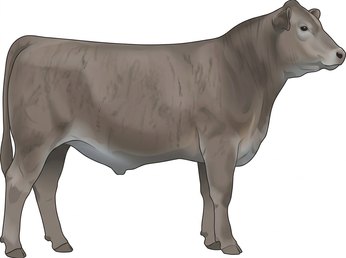 Gray brindle with faint black striping 1/2 Brahman 1/2 Chianina Steer