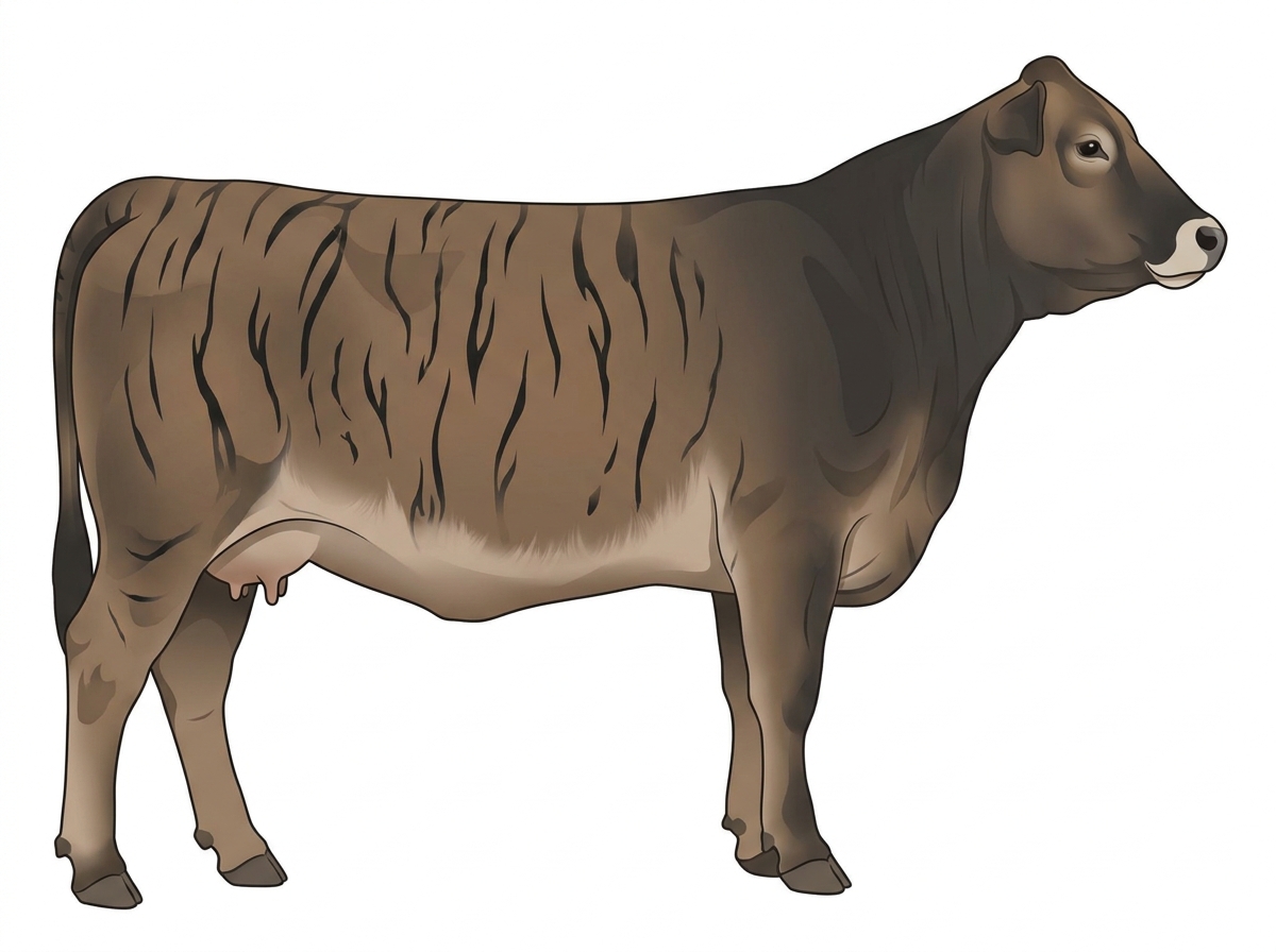 Smoky brindle with black stripes and a pale muzzle ring and lighter underline 1/2 Brahman 1/2 Limousin Cow