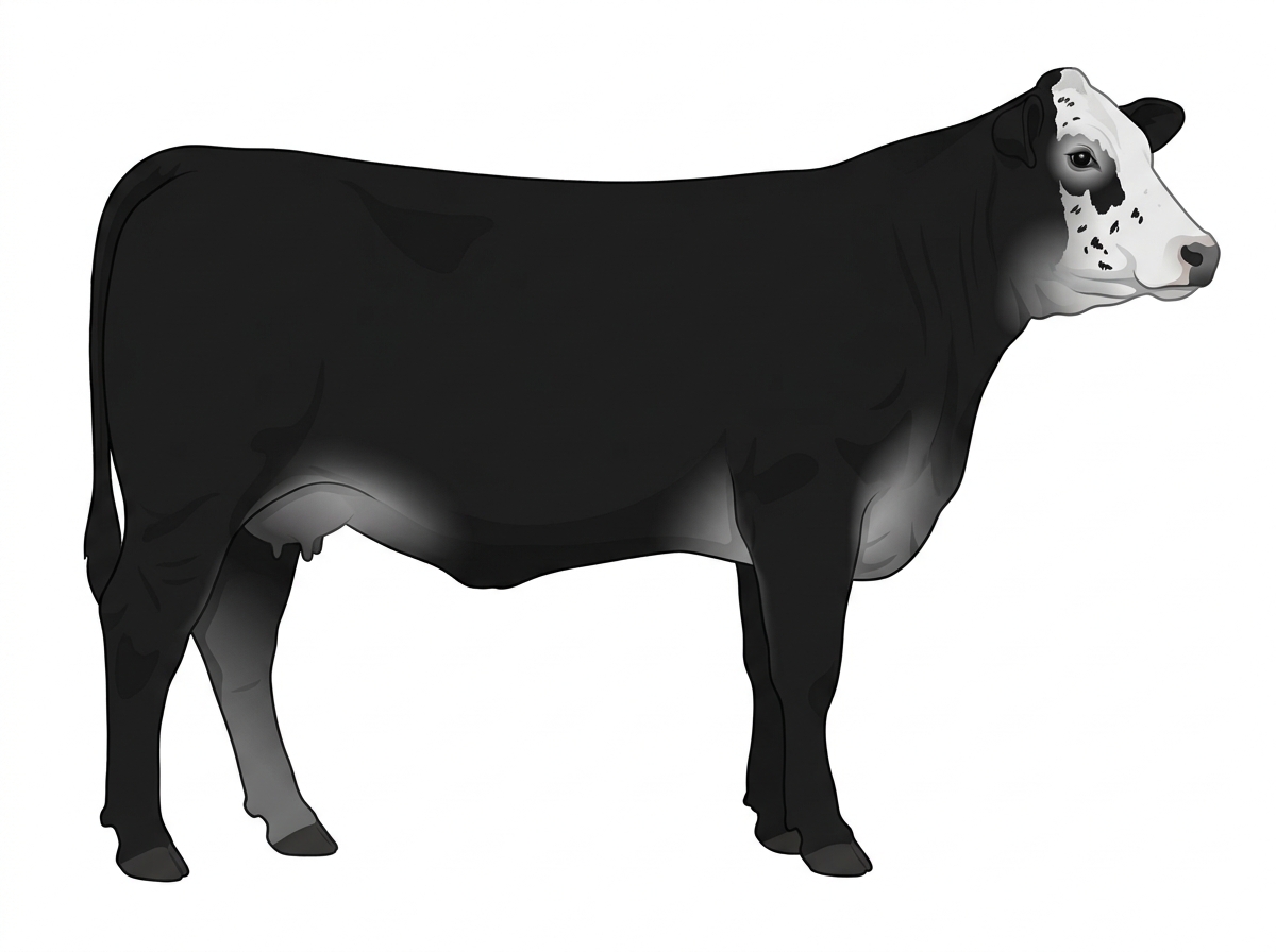 Black with a partial white face and ticking in the white 1/2 Brahman 1/2 Simmental Cow