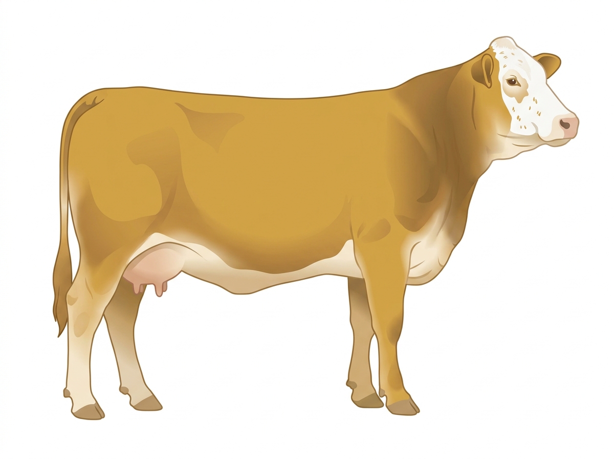 Gold with a white face and ticking in the white 1/2 Brahman 1/2 Simmental Cow