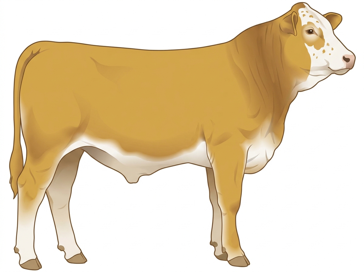 Gold with a white face and ticking in the white 1/2 Brahman 1/2 Simmental Steer