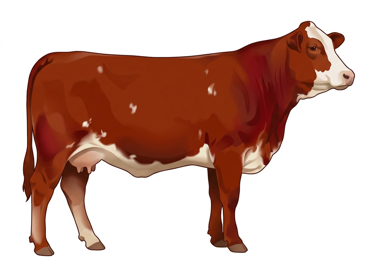 Red with a partial white face and a few white spots 1/2 Brahman 1/2 Simmental Cow