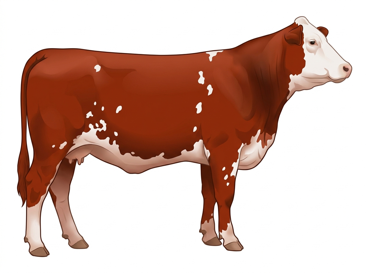 Red with a white face and white spots 1/2 Brahman 1/2 Simmental Cow