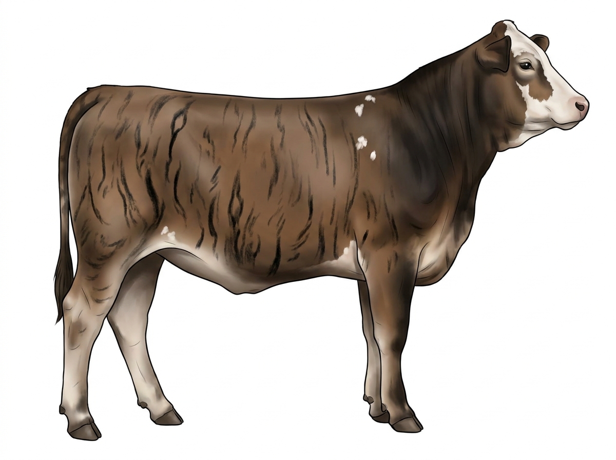 Smoky brindle with black stripes, a white face and a few white spots 1/2 Brahman 1/2 Simmental Heifer