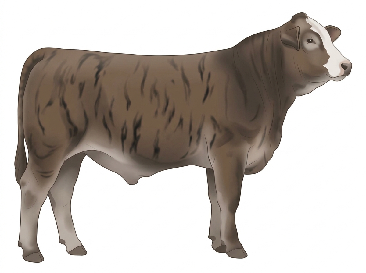 Smoky brindle with black stripes and a partial white face 1/2 Brahman 1/2 Simmental Steer