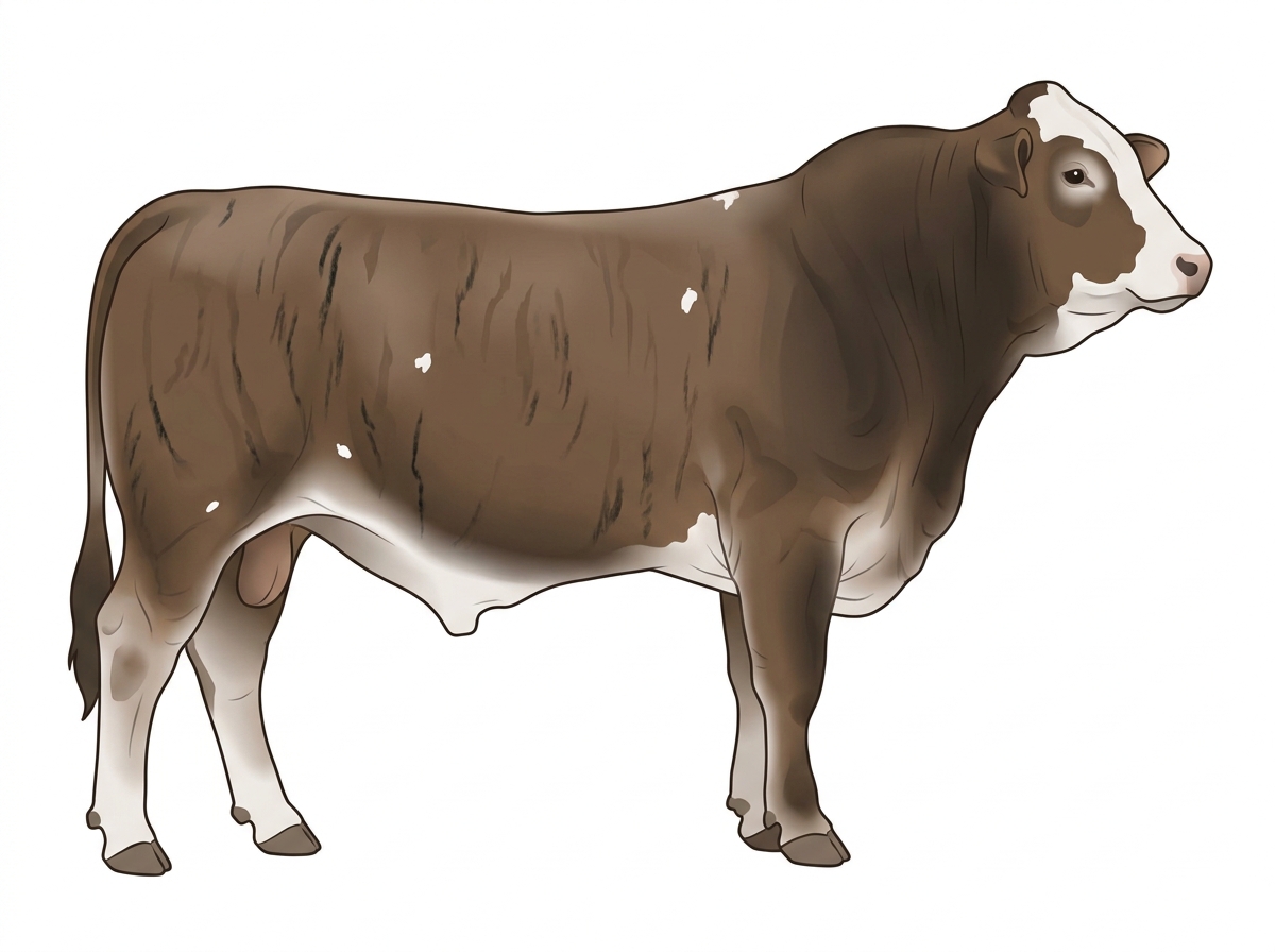Smoky brindle with faint black striping, a white face and a few white spots 1/2 Brahman 1/2 Simmental Bull