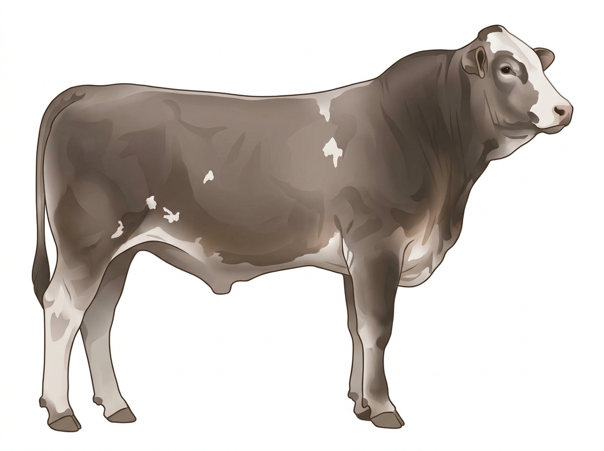 Smoky with a partial white face and a few white spots 1/2 Brahman 1/2 Simmental Bull