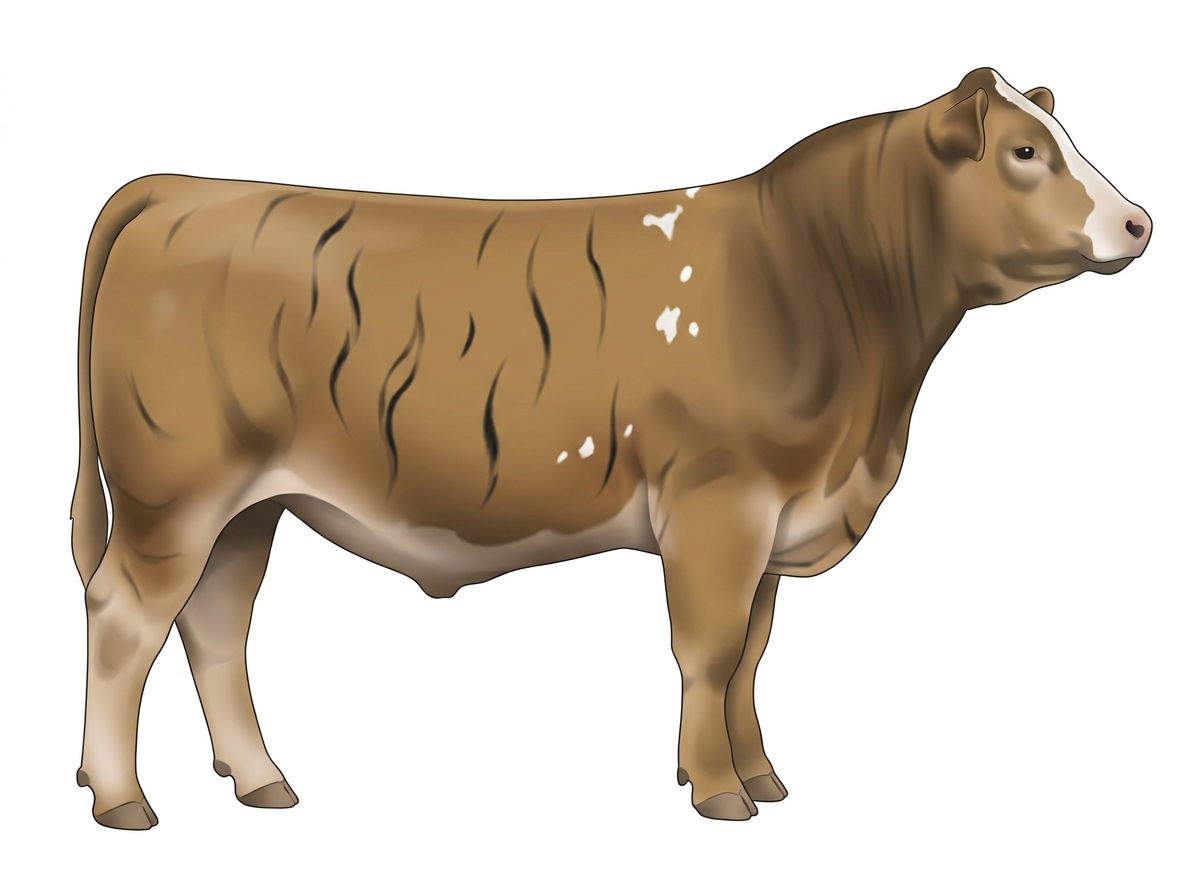 Tan brindle with black stripes, a partial white face and a few white spots 1/2 Brahman 1/2 Simmental Steer