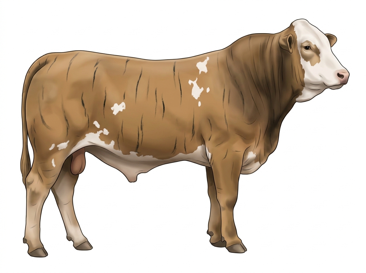 Tan brindle with black stripes, a white face and white spots 1/2 Brahman 1/2 Simmental Bull