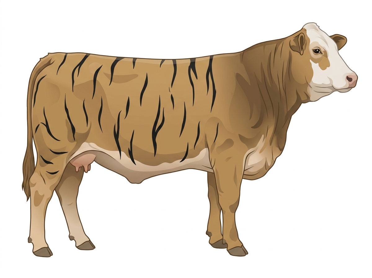 Tan brindle with black stripes and a partial white face 1/2 Brahman 1/2 Simmental Cow