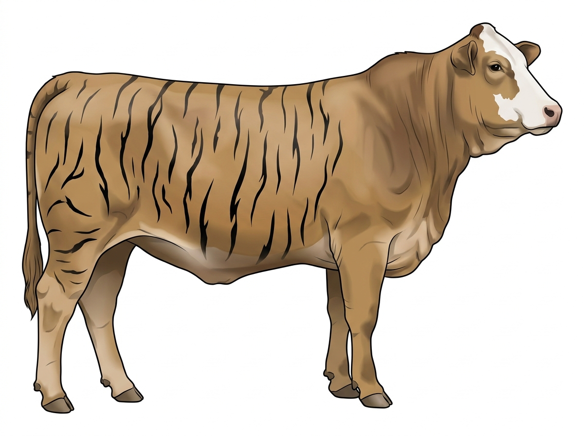 Tan brindle with black stripes and a white face 1/2 Brahman 1/2 Simmental Cow