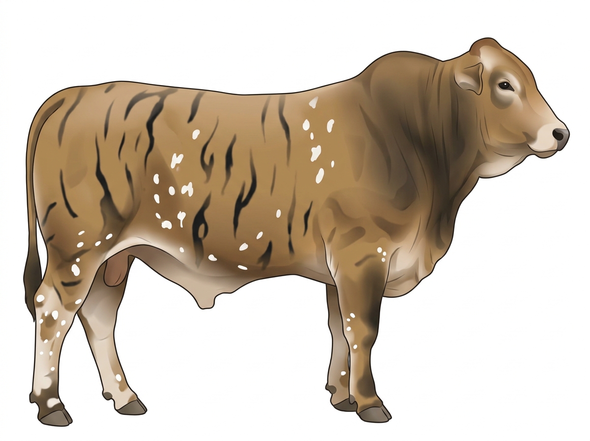 Tan brindle with black stripes and white spots 1/2 Brahman 1/2 Simmental Bull