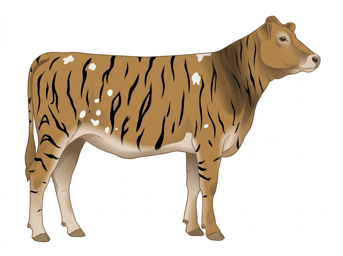 Tan brindle with black stripes and white spots 1/2 Brahman 1/2 Simmental Heifer