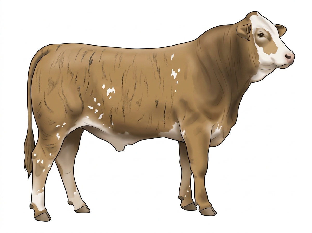 Tan brindle with faint black striping, a white face and white spots 1/2 Brahman 1/2 Simmental Bull