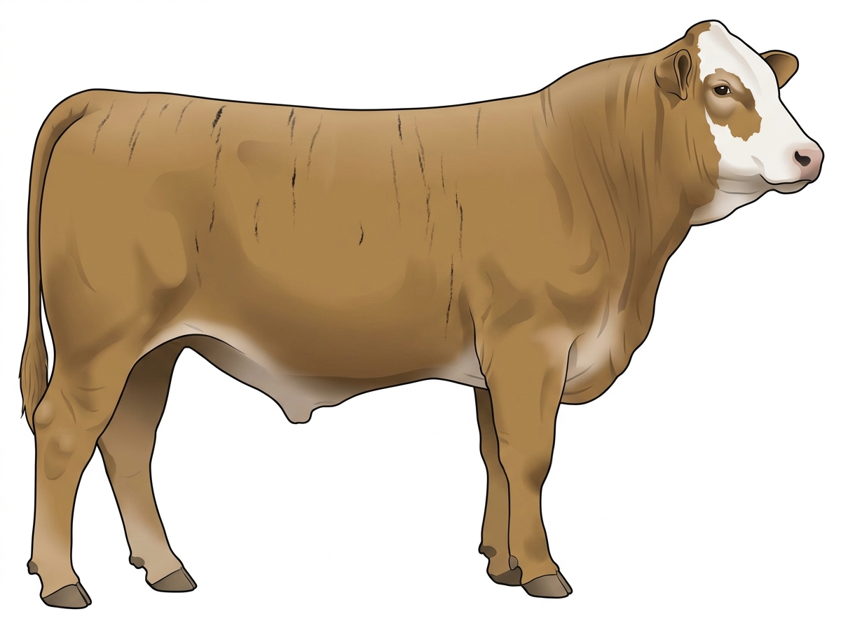 Tan brindle with faint black striping and a white face 1/2 Brahman 1/2 Simmental Steer