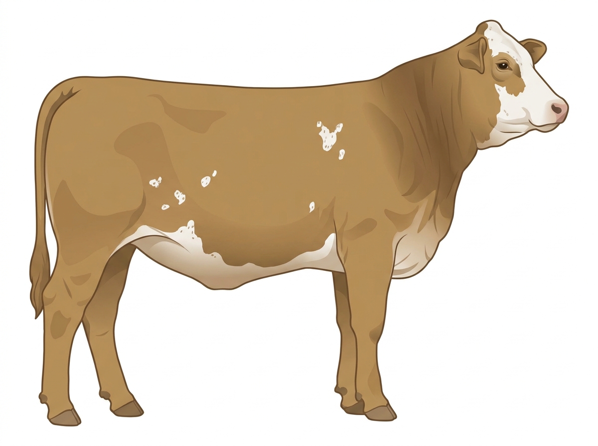 Tan with a partial white face, a few white spots and ticking in the white 1/2 Brahman 1/2 Simmental Heifer