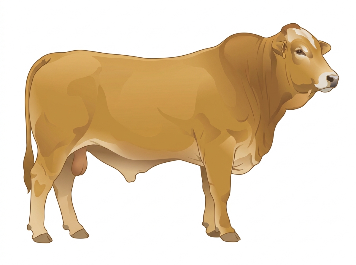 Gold with a pale muzzle ring and lighter underline and a partial white face 1/2 Brahman Cross Bull