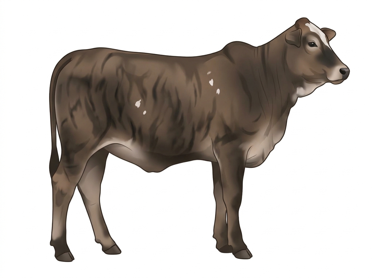 Smoky brindle with black stripes, a partial white face and a few white spots 1/2 Brahman Cross Heifer