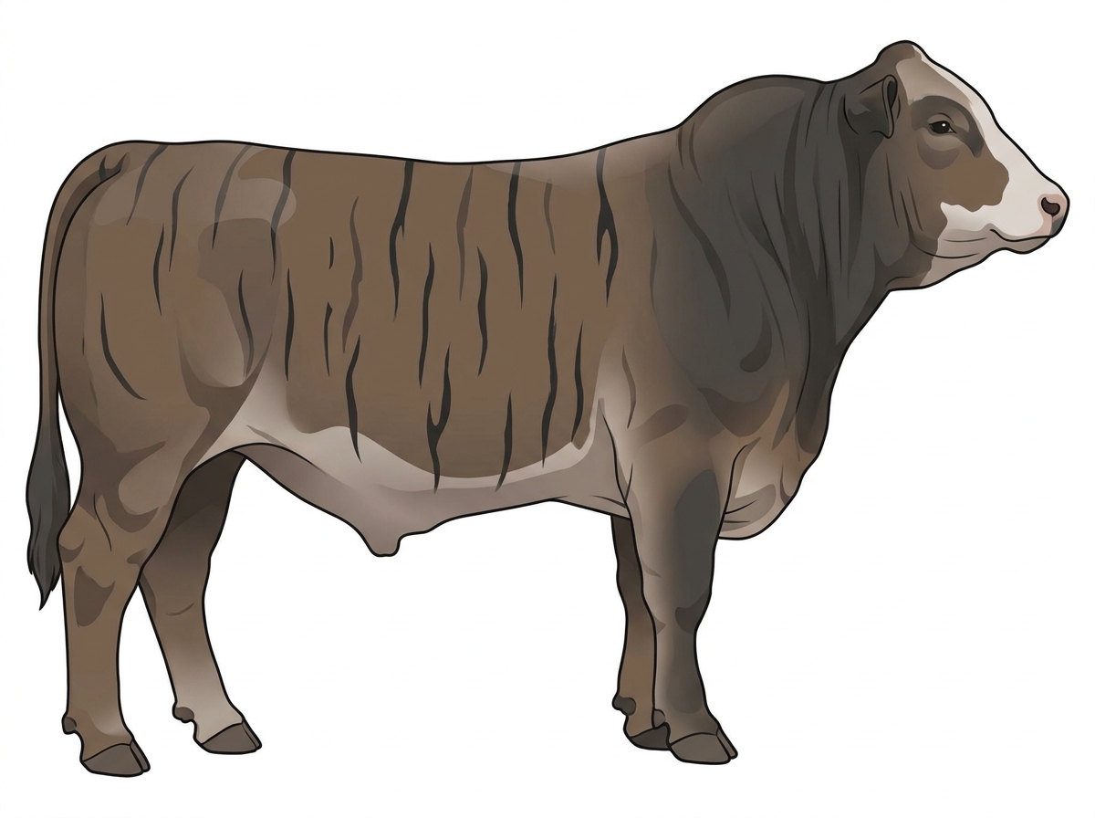 Smoky brindle with black stripes and a partial white face 1/2 Brahman Cross Bull