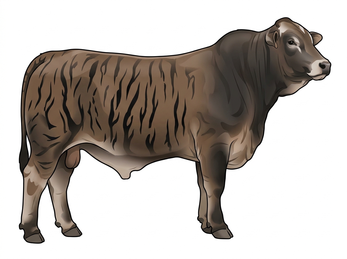 Smoky brindle with black stripes and minimal white face markings 1/2 Brahman Cross Bull