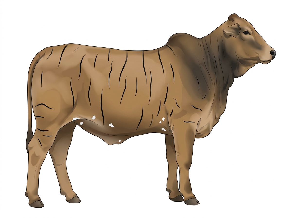 Tan brindle with black stripes and a few white spots 1/2 Brahman Cross Heifer