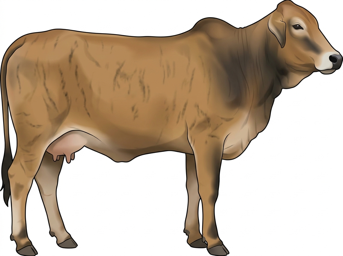Tan brindle with faint black striping and a pale muzzle ring and lighter underline 1/2 Brahman Cross Cow
