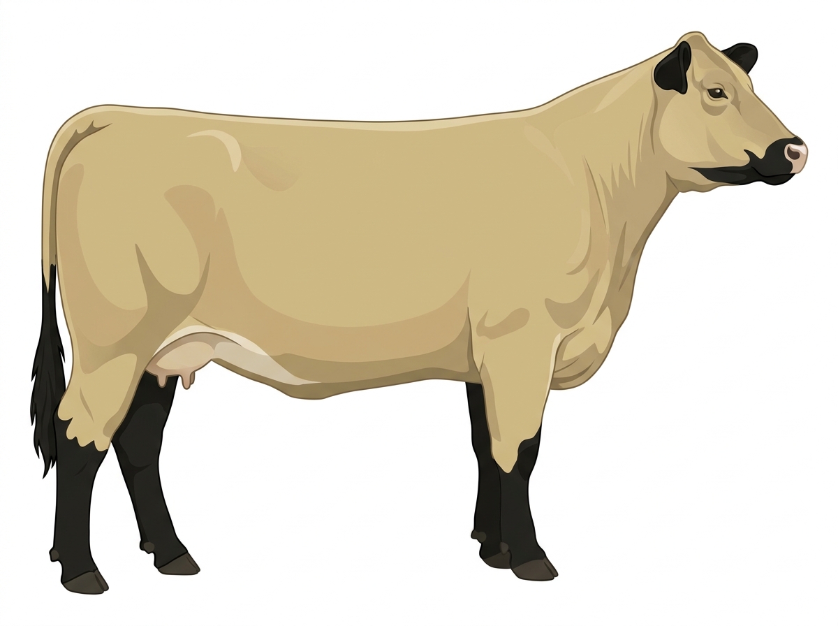 Cream with black points and a pale muzzle ring and lighter underline 1/2 Braunvieh 1/2 Charolais Cow