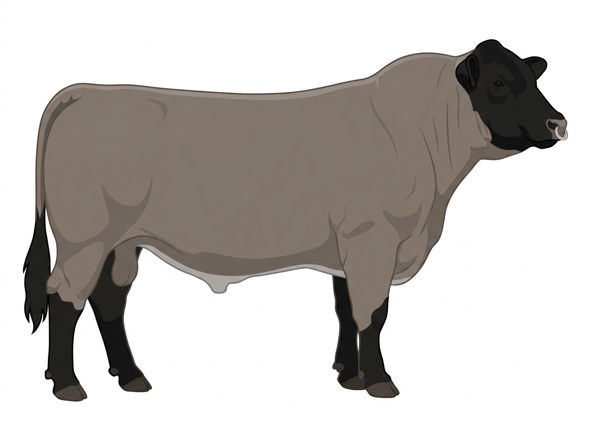 Gray with black points and a pale muzzle ring and lighter underline 1/2 Braunvieh 1/2 Chianina Bull