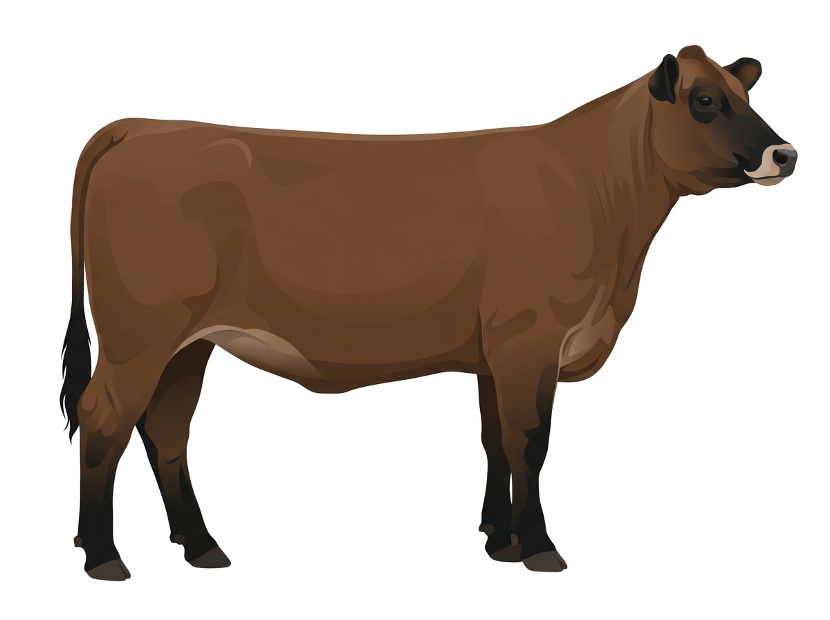 Brown with black points and a pale muzzle ring and lighter underline 1/2 Braunvieh 1/2 Simmental Heifer
