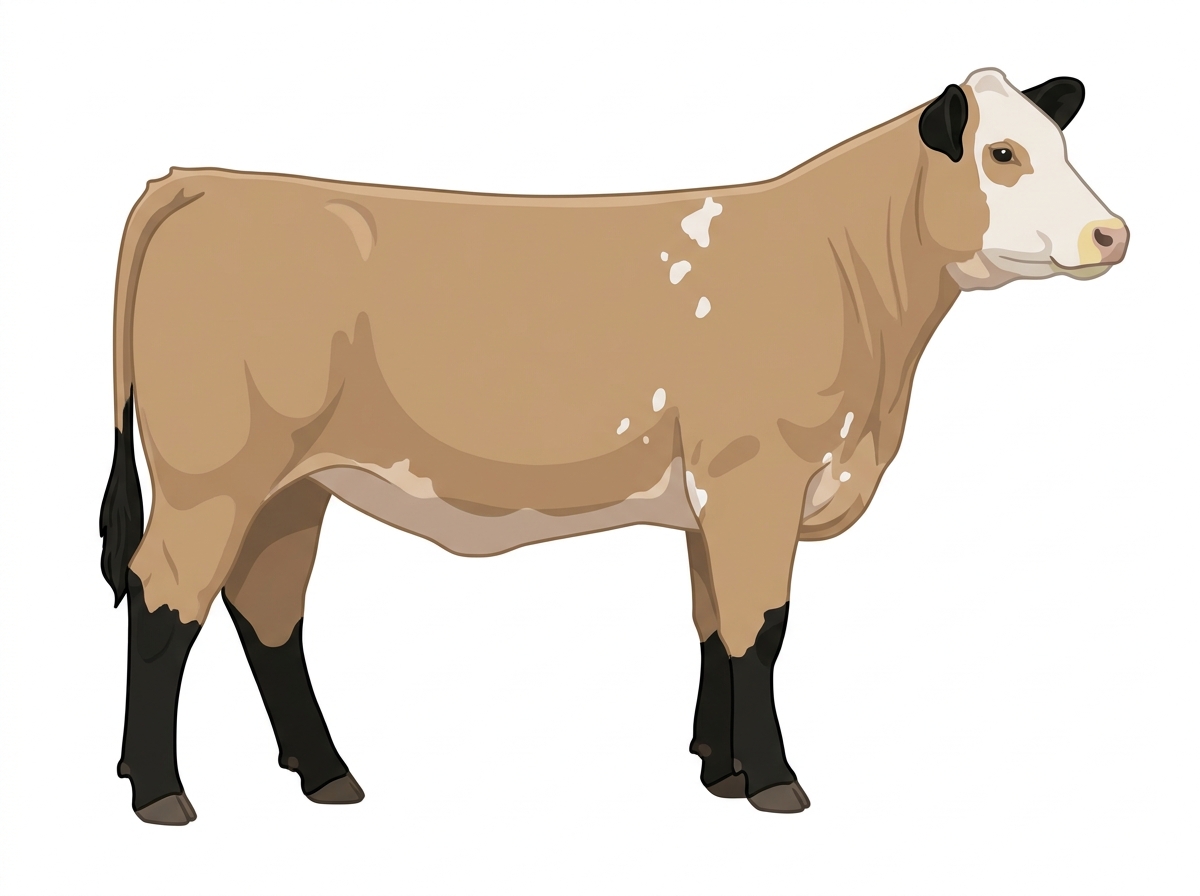 Tan with black points, a pale muzzle ring and lighter underline, a white face and a few white spots 1/2 Braunvieh 1/2 Simmental Heifer