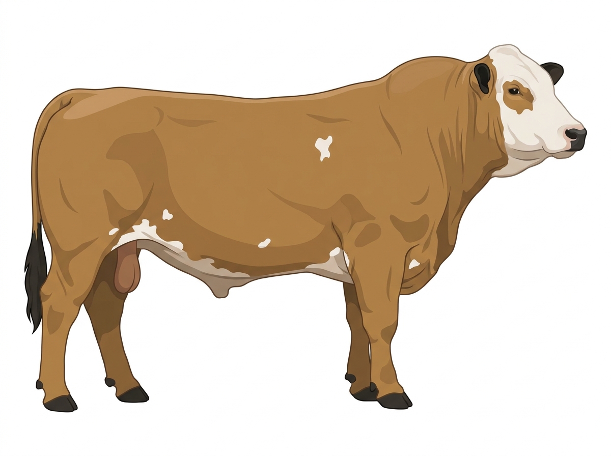 Tan with black points, a white face and a few white spots 1/2 Braunvieh 1/2 Simmental Bull