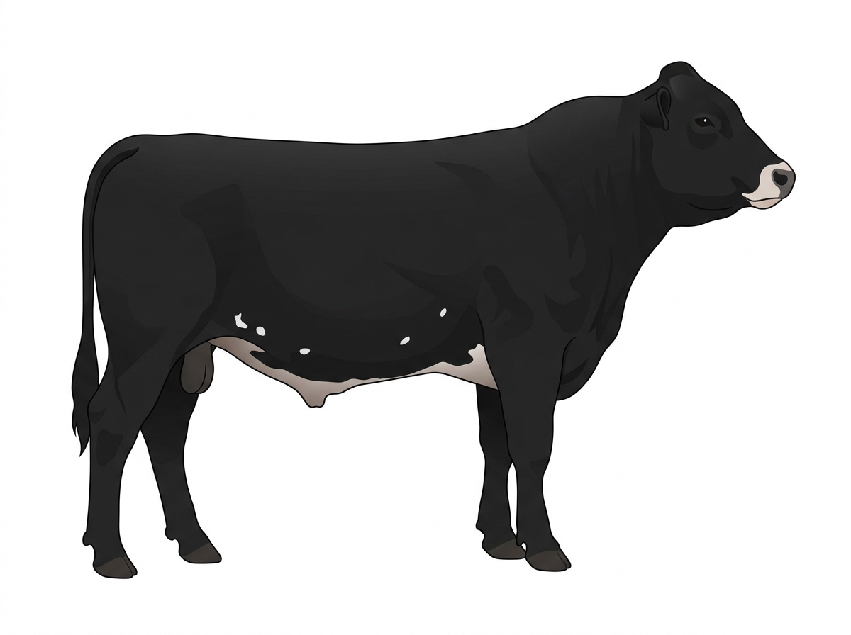 Black with a pale muzzle ring and lighter underline and a few white spots 1/2 Braunvieh Cross Bull