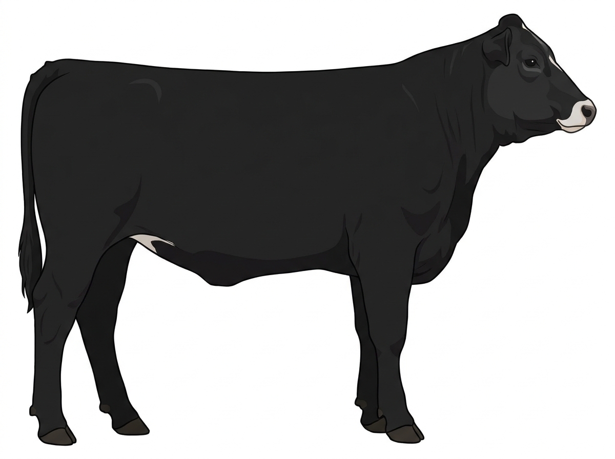 Black with a pale muzzle ring and lighter underline and minimal white face markings 1/2 Braunvieh Cross Cow